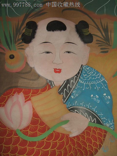 稀有的清代手绘童子年画《莲年有鱼》一对*画工一流,人物惟妙惟肖,大
