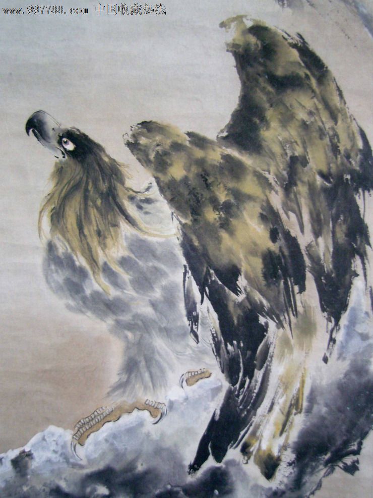 名人字画(岭南画派创始人)高剑父《雄鹰图》绫布旧裱立轴.