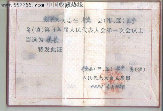 1999年江西省乡镇人民代表大会当选证