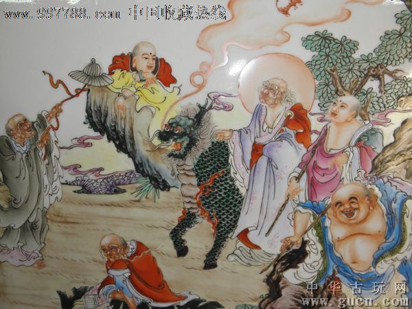 民国硬木粉彩瓷板画王琦作十八罗汉大挂屏长195cm
