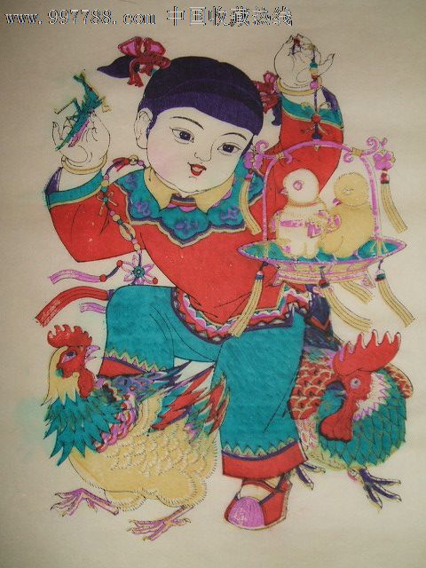 五十年代印制木版年画版画《儿童戏禽》一对(两幅)*存世稀有,少见的