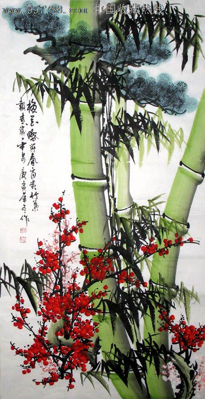 李庆刚花鸟画，梅竹盛开春，四尺，礼品收藏，家居卧室客厅装饰，218*7