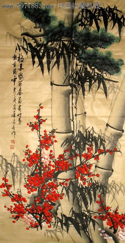 李庆刚花鸟画,梅竹盛开春,四尺,礼品收藏,家居卧室客厅装饰,21903