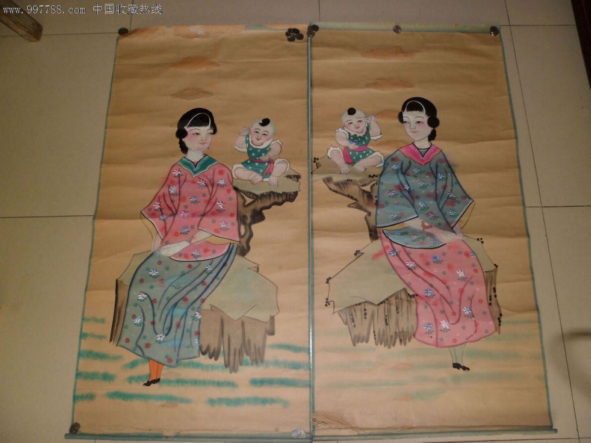清代美女小孩木板年画一对,尺寸:117x60cm