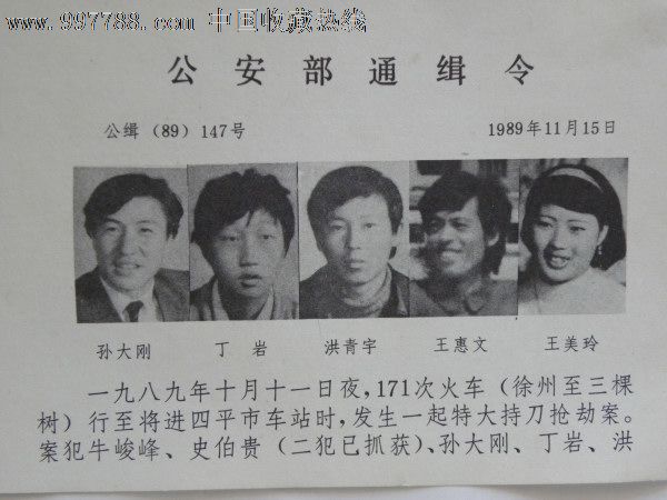 通缉令-198*年(姓名:孙大刚.丁岩.洪青宇.王惠文.王美玲)