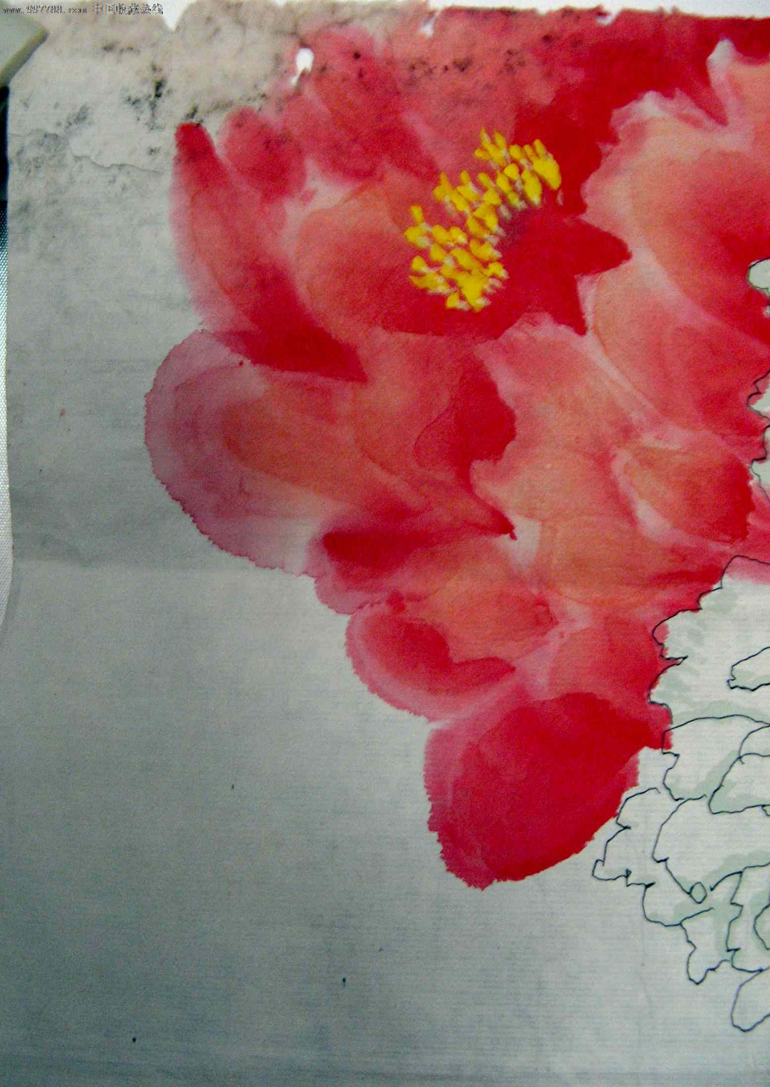 无款小二尺条幅牡丹画,花鸟国画原作,花卉画原画,水墨/写意画法,21