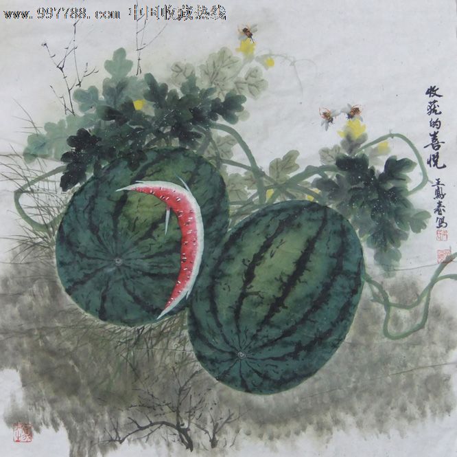 斗方西瓜"收获的喜悦"_花鸟国画原作【凌云轩书画店】_第1张_7788字画