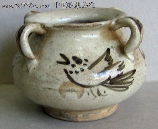 古瓷器老窑瓷器元代磁州窑云鸟纹四系小罐【开门好品相】