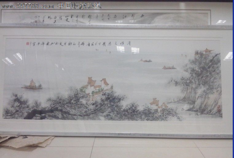 山东名家郑守宽四尺山水画作品房子建筑风景有山水树小船收藏家居装饰