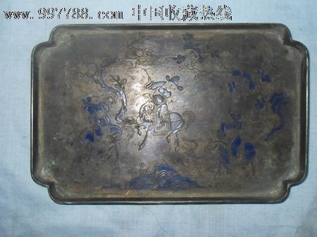 白铜烤蓝刻《张生赶考》万宝斋茶盘