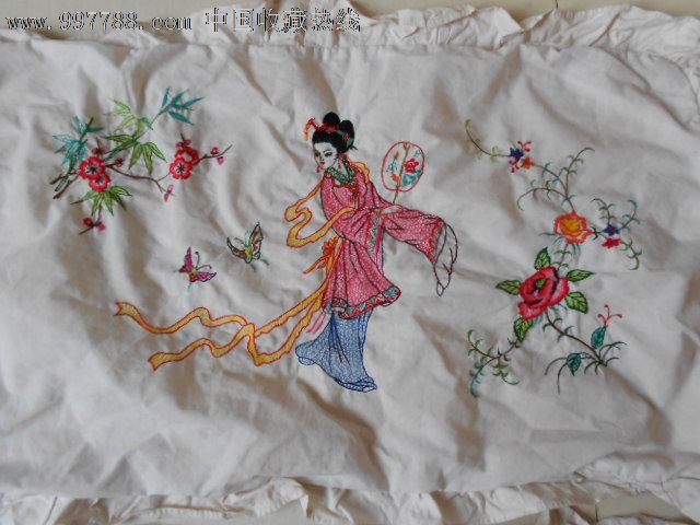 文革绣花仕女图枕头套一对