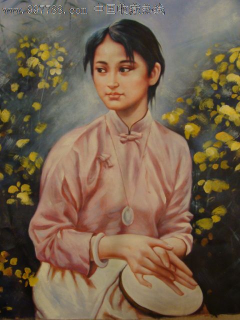 师大出未署名重漆油画《江南女子,风竹潇潇,黄花满地,娴雅婉约,画工