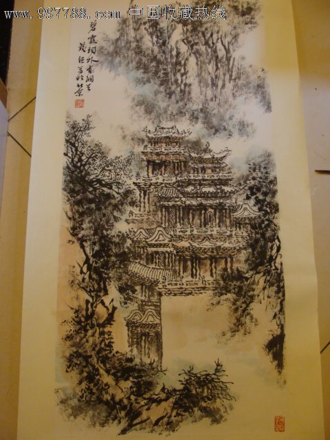 何镜涵于北京款"碧霞祠外有洞天"山水立轴,以书入画,古柏曲遒,楼台