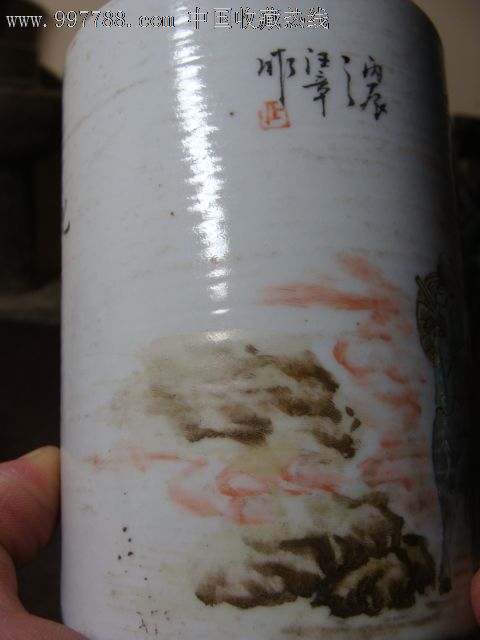 "江西瓷器公司"款粉彩"七夕图"笔筒,丙辰夏汪章作,牛郎隔河对望织女