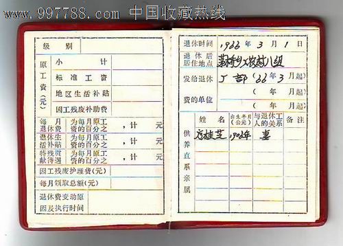 中华人民共和国工人职员退休证