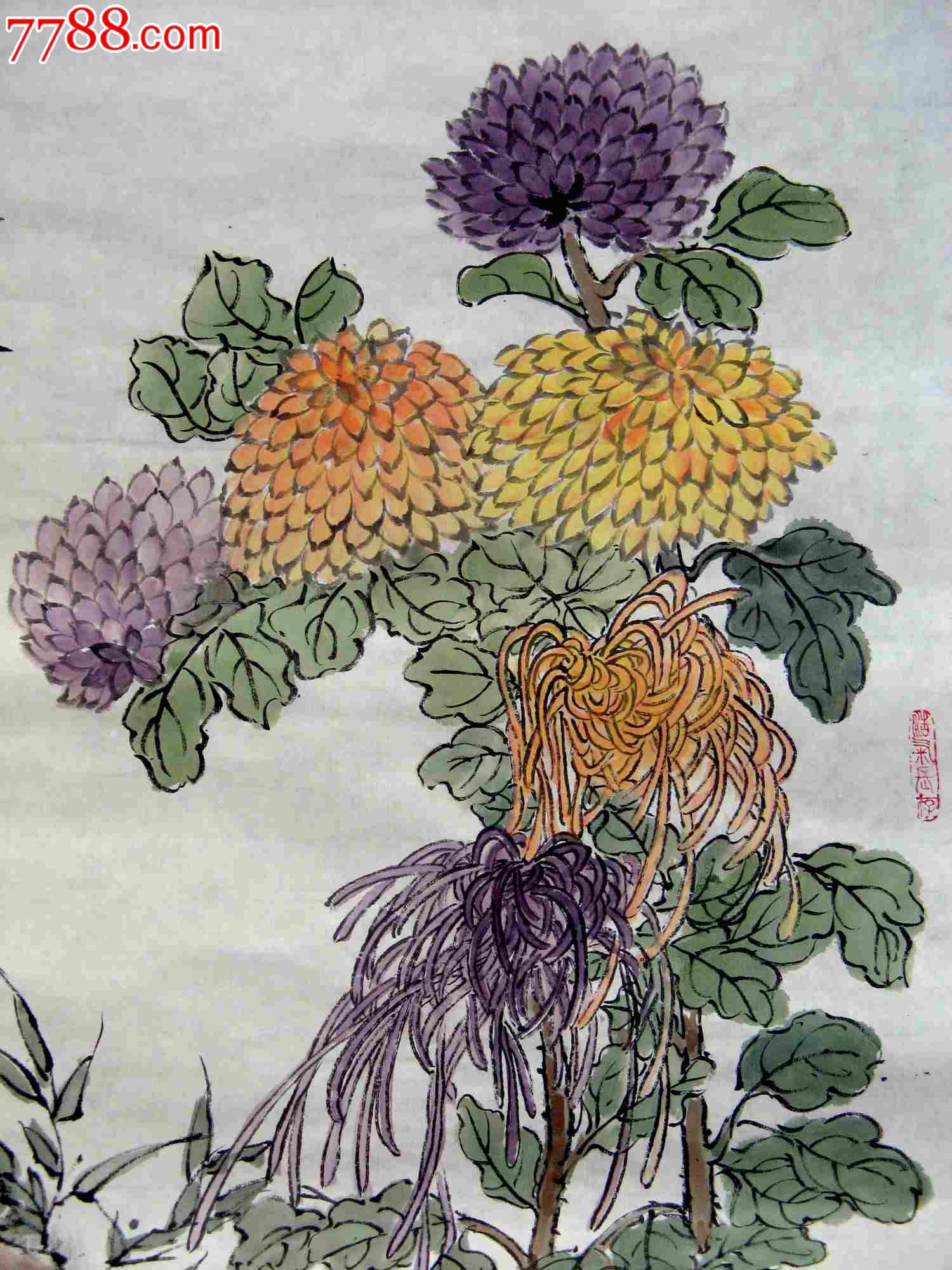 山东知名画家典雅恬淡的三尺条幅花石画:菊花寿石图,花鸟国画原作