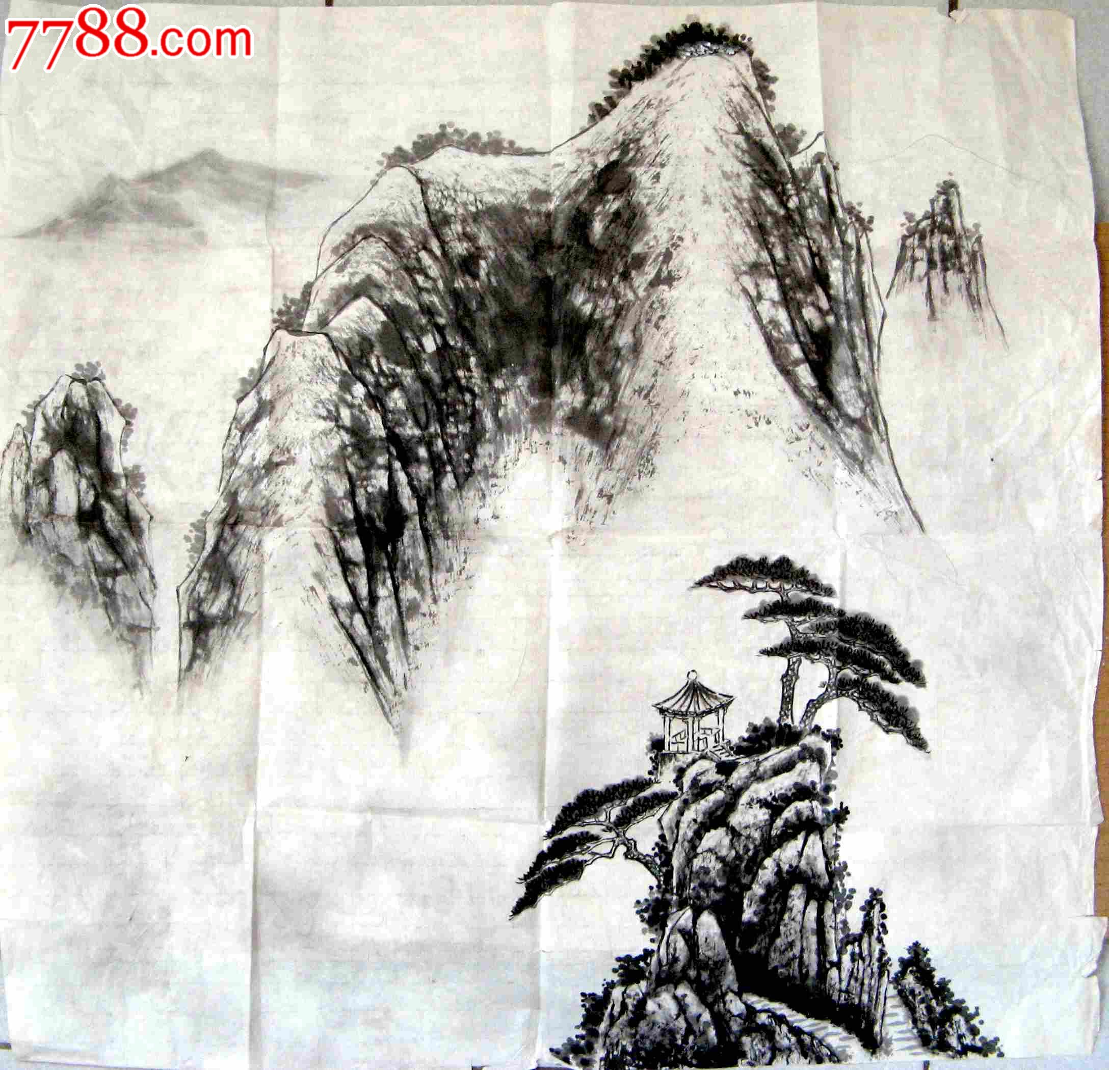 简洁流畅的四尺斗方无款水墨山水画:观山亭