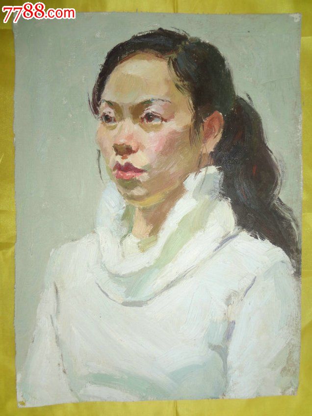 美院流出的一幅老人物油画原作-女肖像,4开,包真【古玩宝斋】_第1张