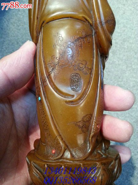 清杨璇款老寿山石镶宝罗汉高23cm