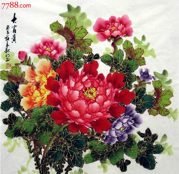 陶秋明·四尺斗方描金牡丹