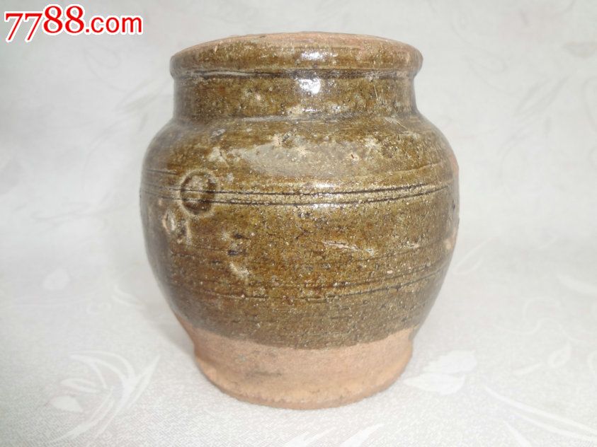 wpeq-开门珍品老瓷器-唐代古币铜钱纹酱黄釉瓷罐或瓷坛,带眼罐,难得好