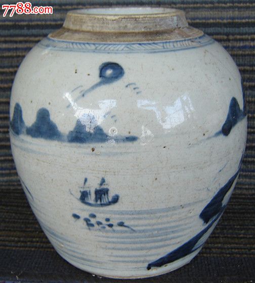 民国瓷器山水青花瓷罐(1)