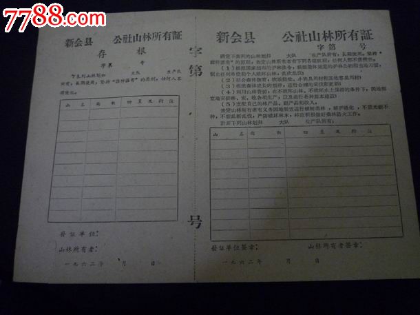 1962年新会县公社山林所有证(含存根)