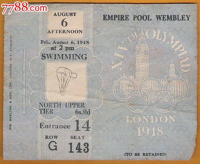 奥运会门票,伦敦1948奥运会8月6日游泳