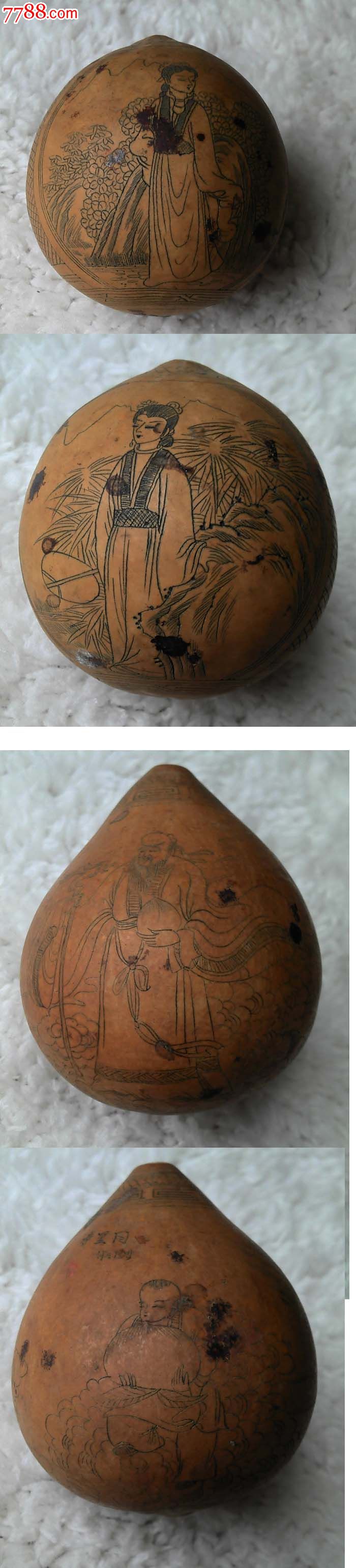 清代/清朝葫芦手工雕刻白描画5枚,都是神话故事平均直径5cm