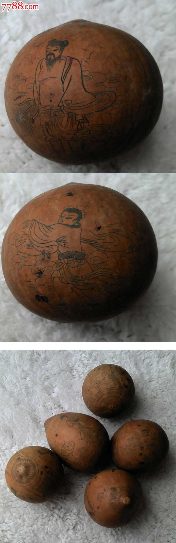 清代/清朝葫芦手工雕刻白描画5枚,都是神话故事平均直径5cm