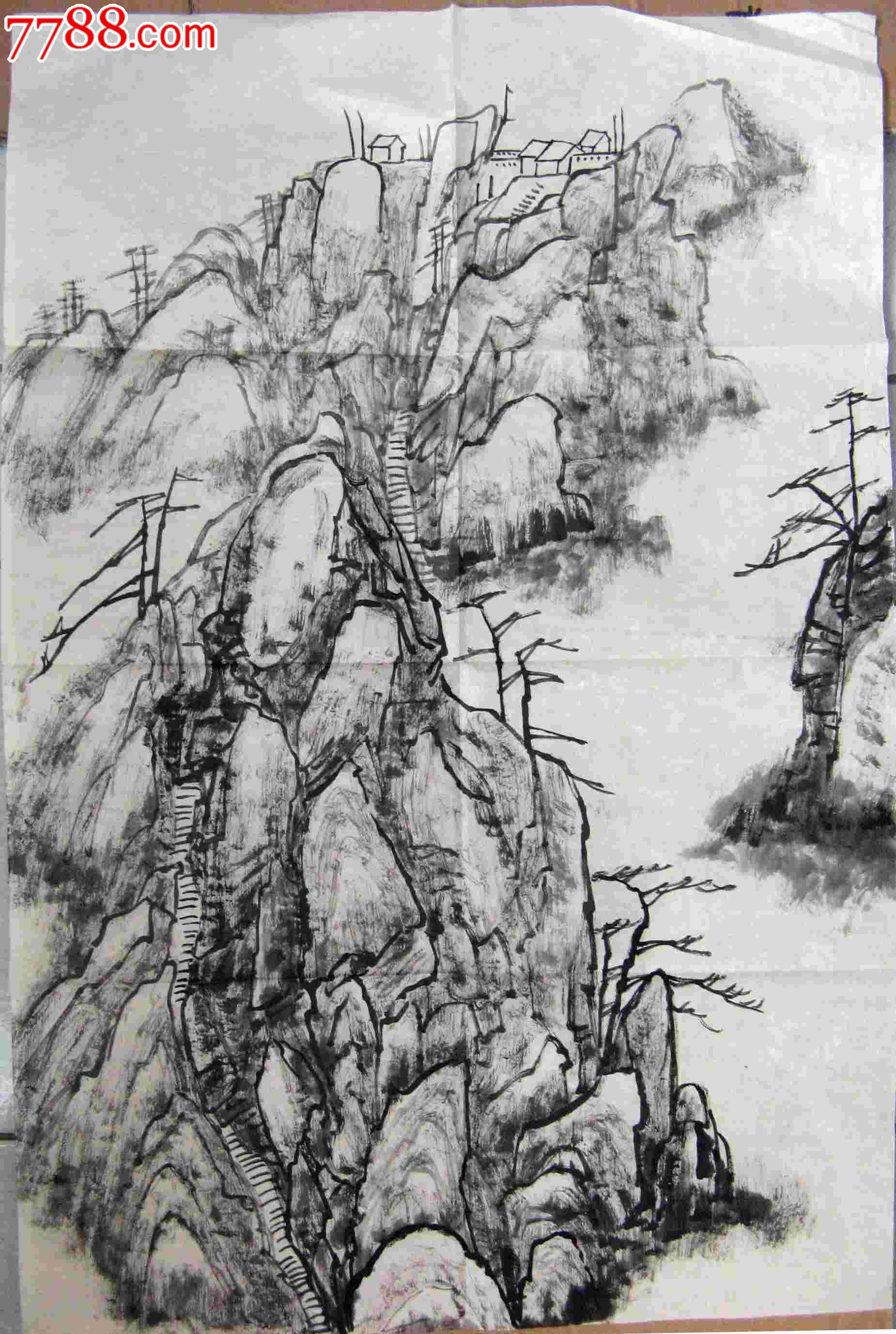 四尺开三无款水墨山水画:山路通天