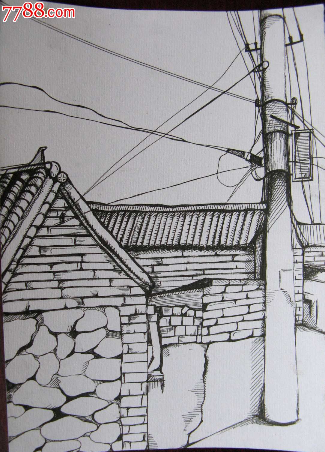 素描风景建筑画:大宅房屋与线杆