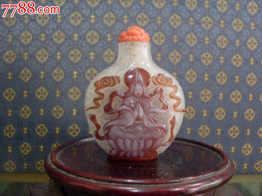 清代博山老琉璃老料器老鼻烟壶87[菊花底]珊瑚料盖