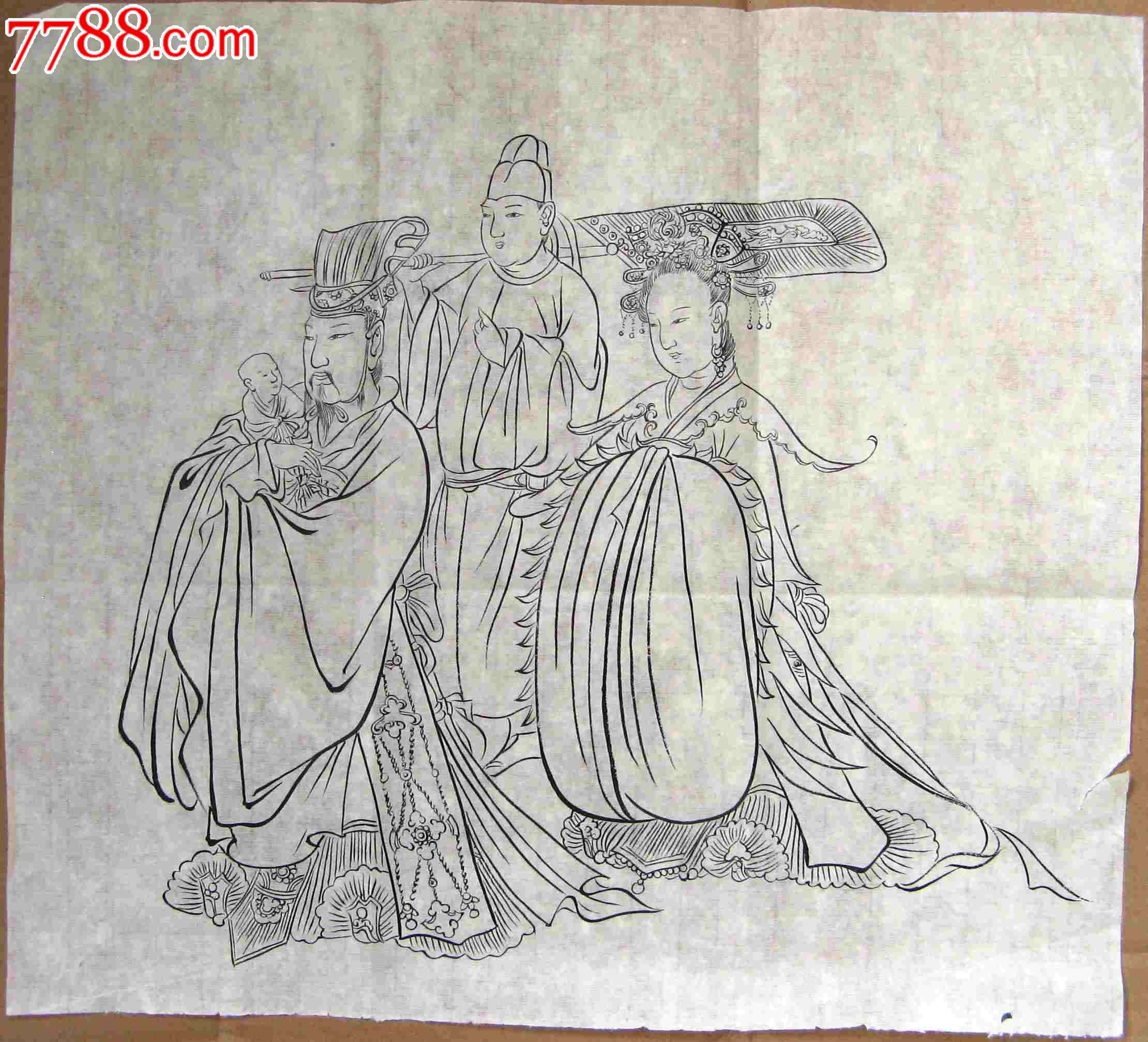 简练流畅的尺半横幅无款临摹古代人物画:吴道子送子天王图局部