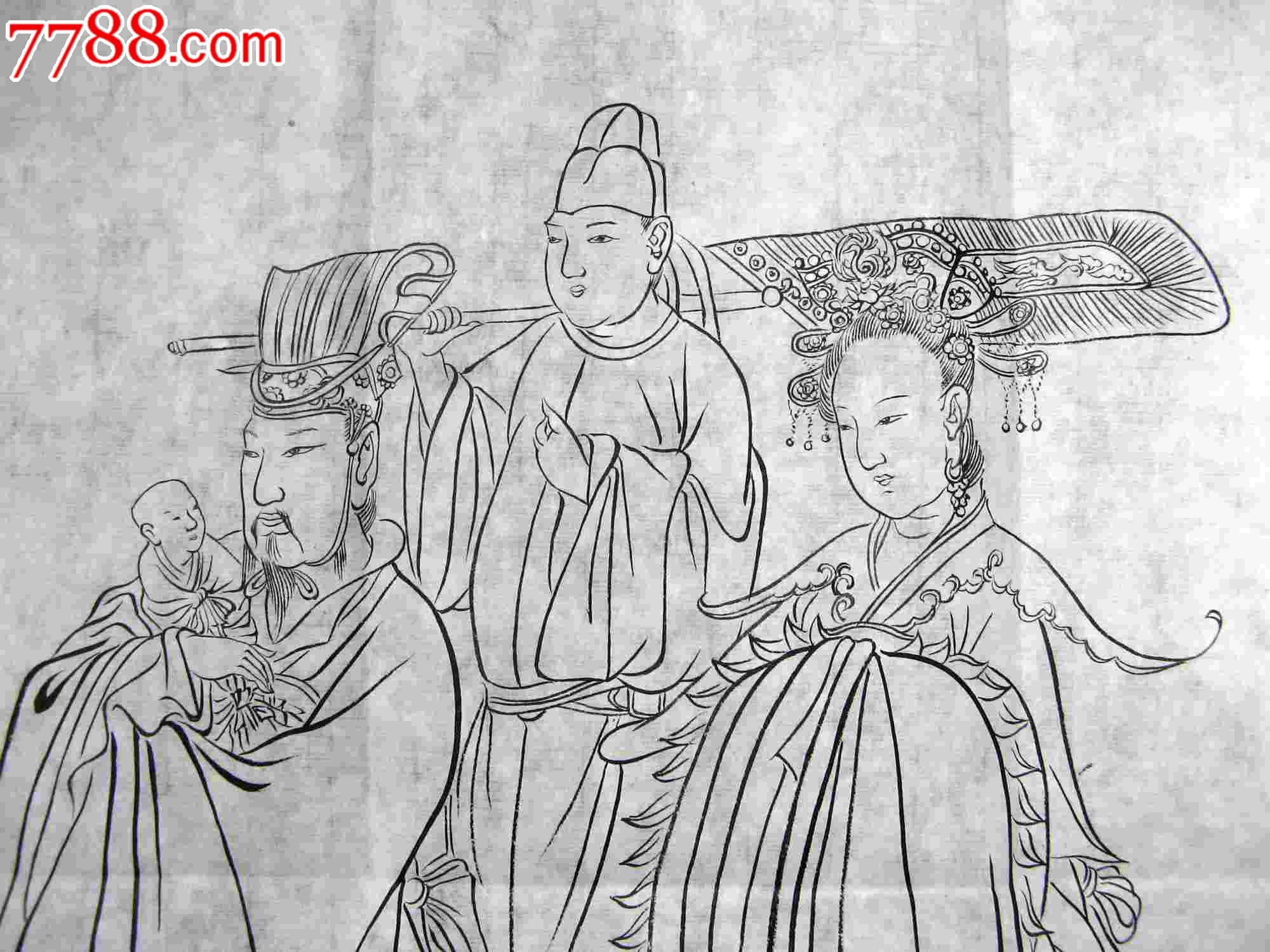 简练流畅的尺半横幅无款临摹古代人物画:吴道子送子天王图局部