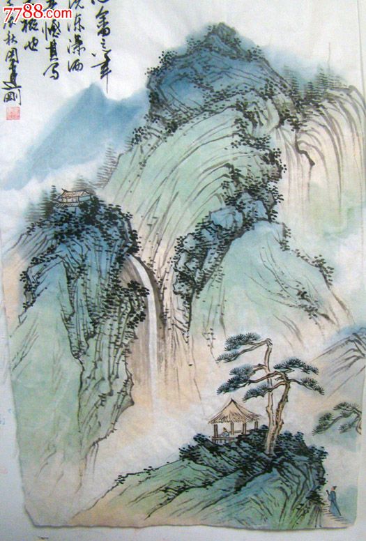 属性: 水墨山水原画,,年代不详,,二尺69*33,,未装裱,,宣纸,,, 简介