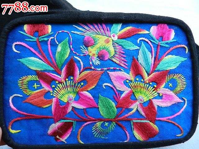 【花鸟.鱼戏莲蓝色绣花枕头232*】山西特色老刺绣老织绣