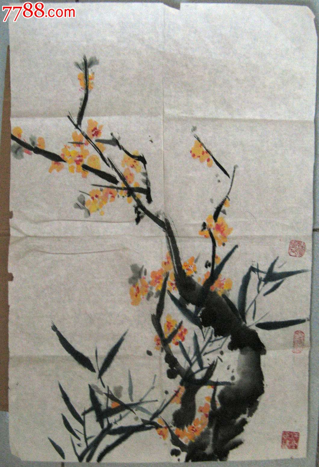 老画家四尺开三条幅梅竹画:黄梅绿竹友相伴