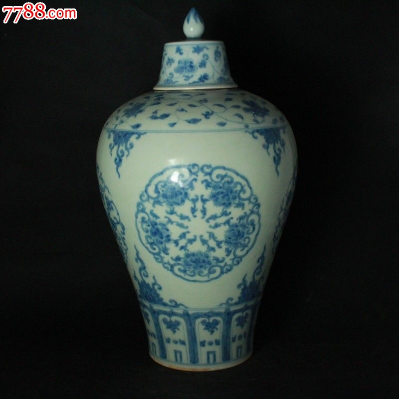老旧货明成化青花带盖梅瓶景精品收藏