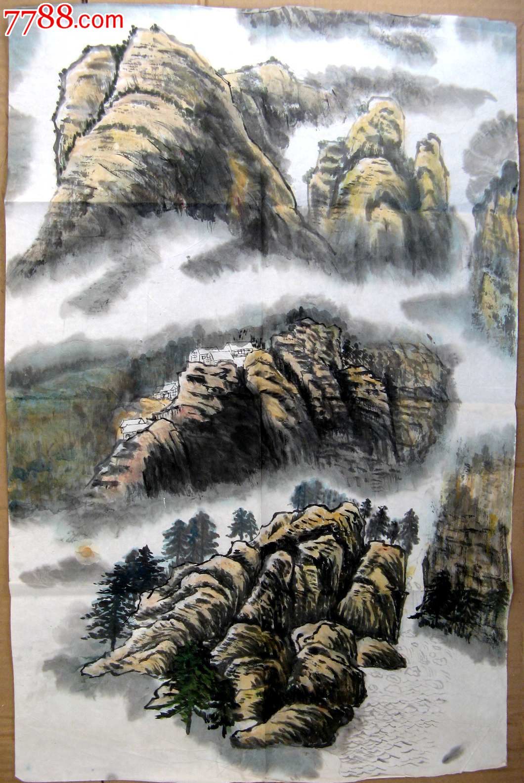 疏朗秀逸的四尺开三无款山水画:翠岭苍松居仙家