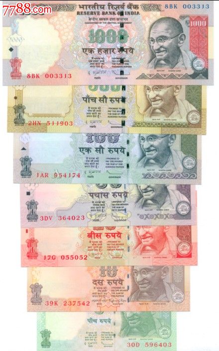 印度纸币7张成套