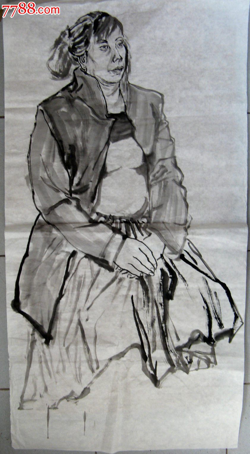 四尺条幅无款写意水墨人物画:裙装中年妇女