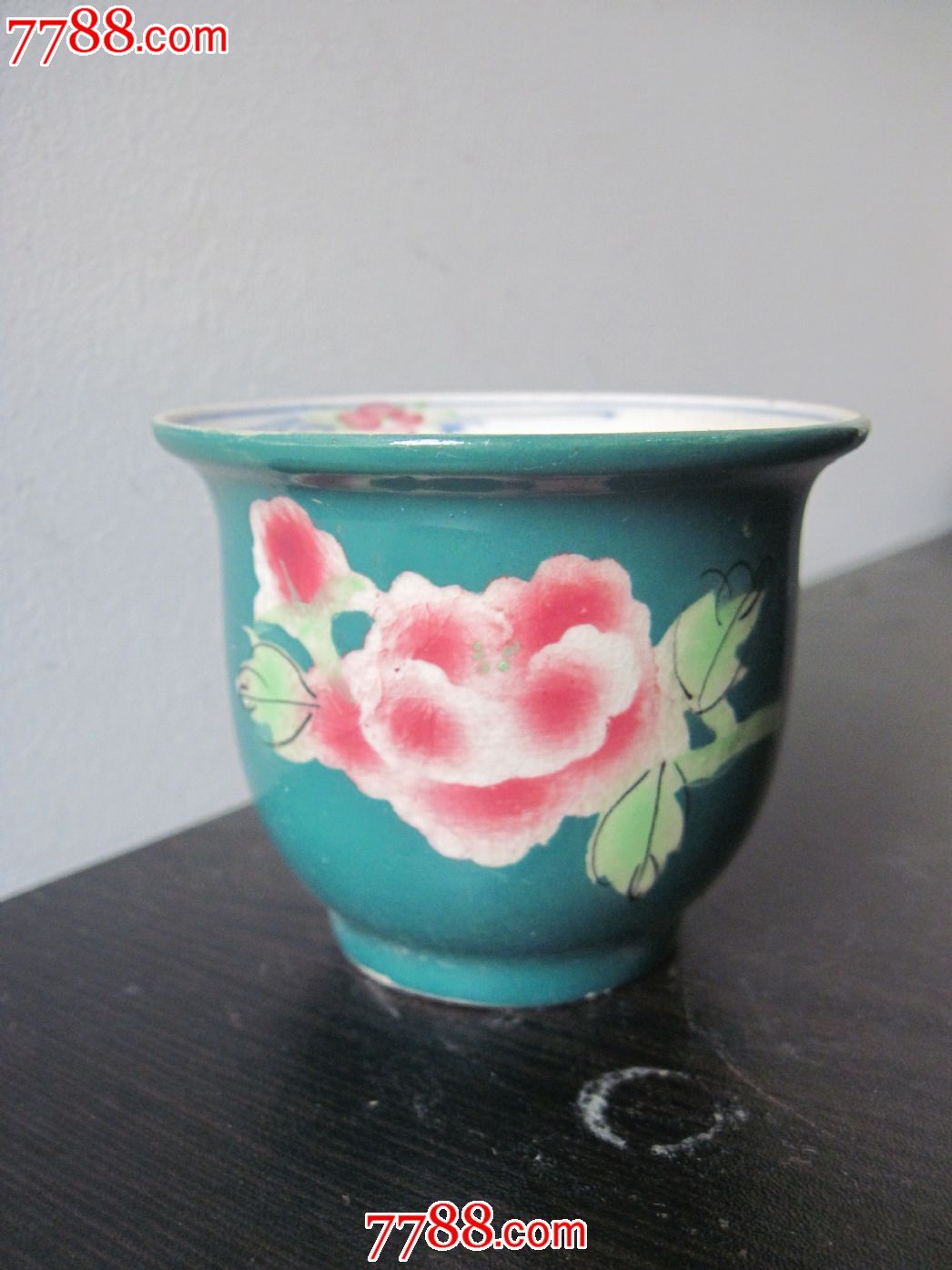 60年代老枫溪绿釉花鸟纹小花盆好品相包邮