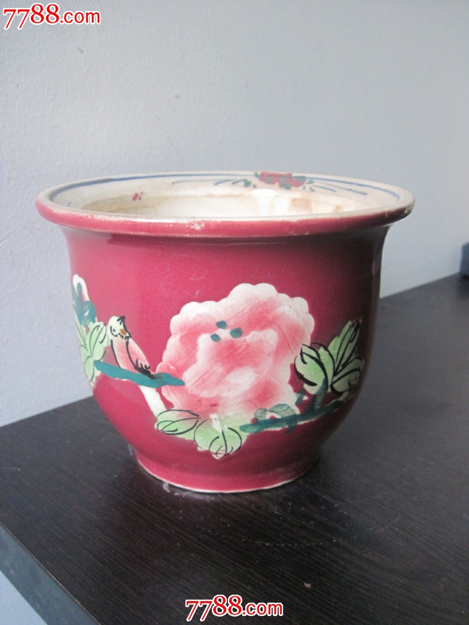 60年代老枫溪红釉花鸟纹花盆完美品相包邮