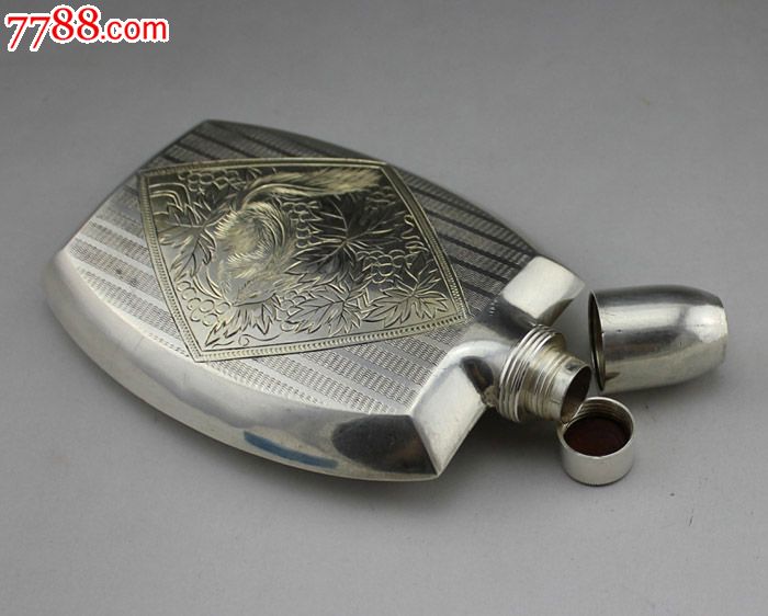 日本全手工錾刻松鼠吃葡萄图纹950纯银随身酒壶,西洋古董银器收藏