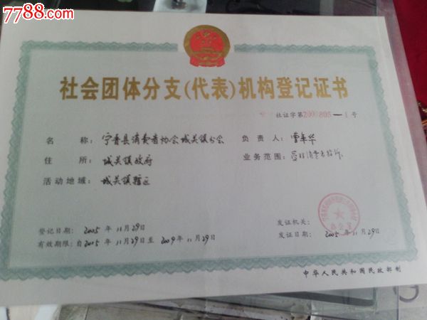 社会团体分支(代表)机构登记证书