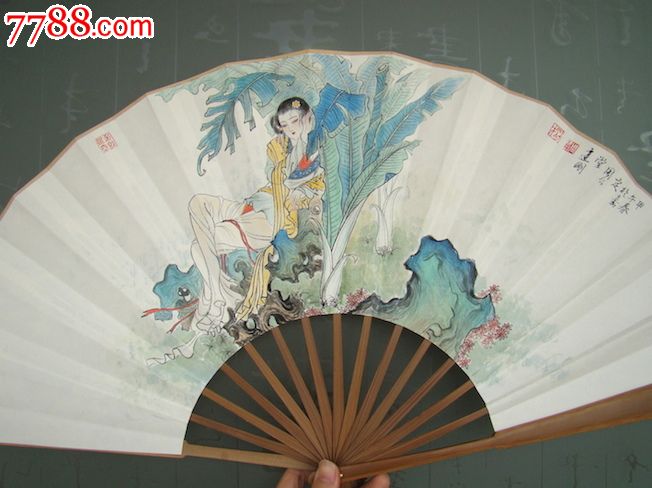 纯手绘扇面芭蕉美人图周建刚作品