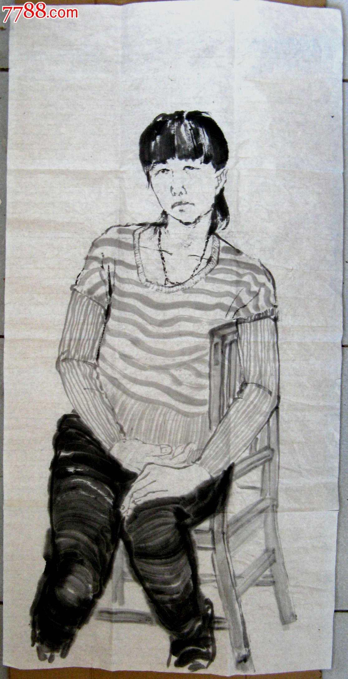 三尺条幅无款水墨写生人物画:文弱女孩