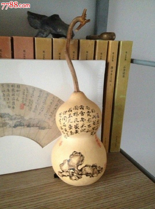 葫芦画奇石图配郑板桥诗纯手绘家居工艺品摆件