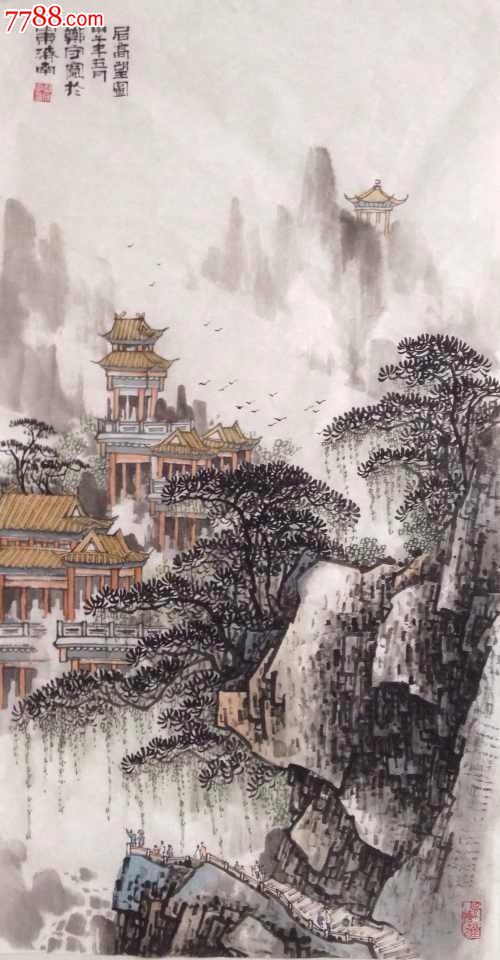 著名山水画家郑守宽建筑亭台水墨国画四尺整张竖幅风景画